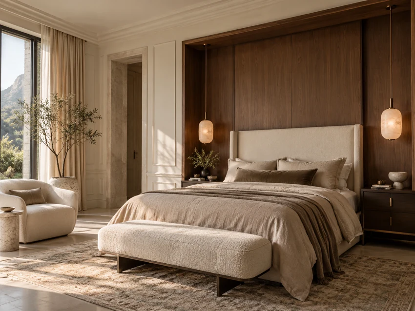 Serene bedroom concept with walnut wall panelling, linen bedding and alabaster pendant lights