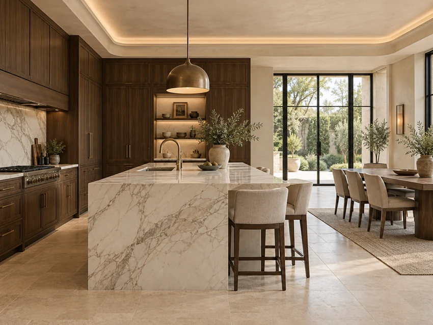 Luxury kitchen concept with walnut cabinetry, a pale marble island and a warm dining area