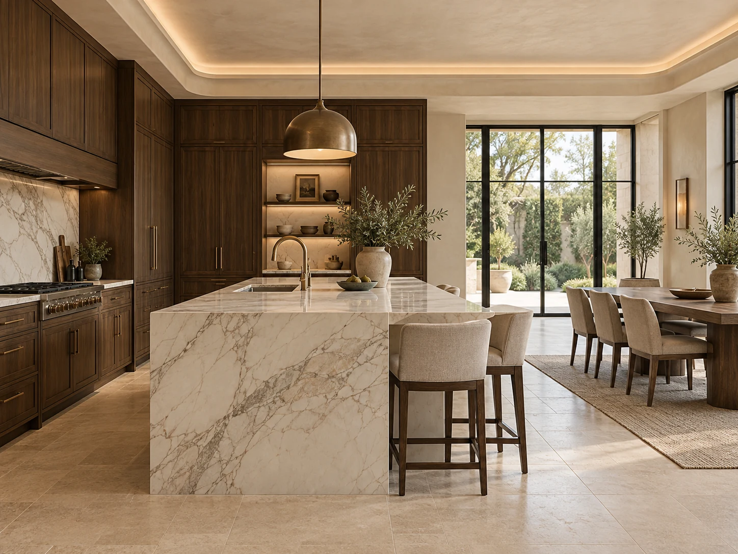 Luxury kitchen concept with walnut cabinetry, a pale marble island and a warm dining area