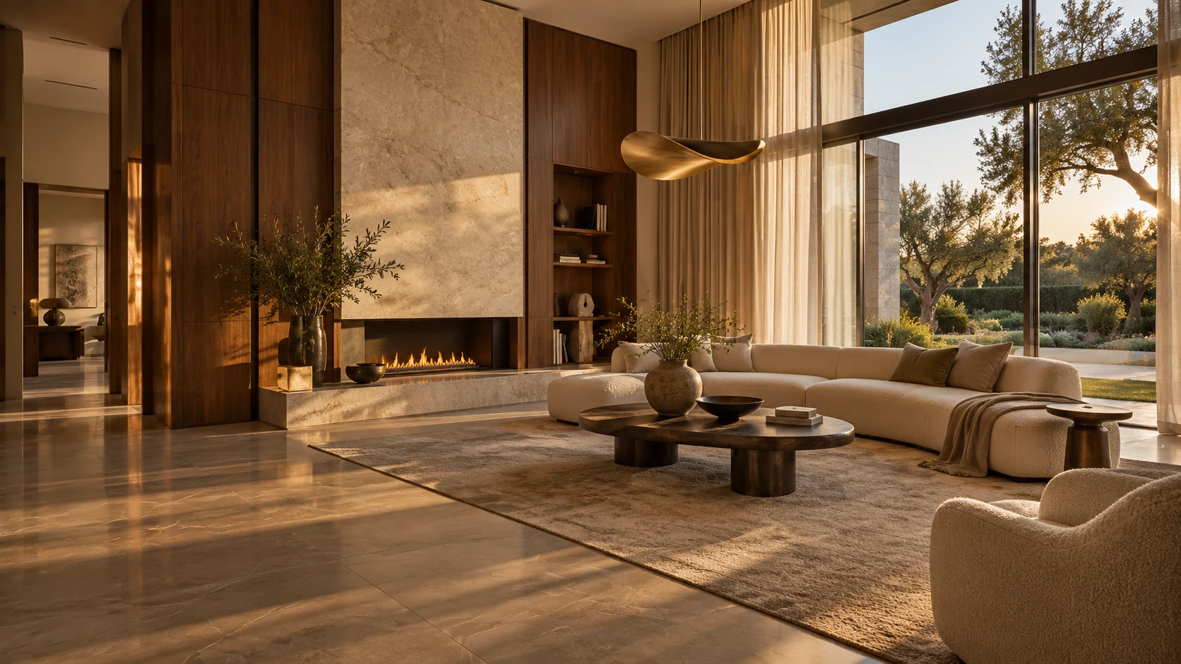 Luxury living room concept with walnut panelling, an ivory marble fireplace and cream seating overlooking a garden